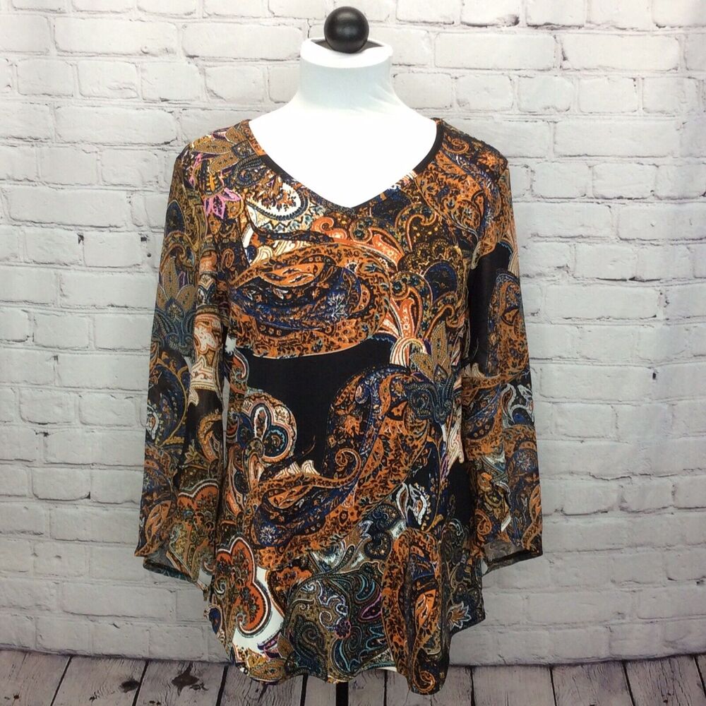 New Directions Women’s Size S Tunic/Top Brown Multicolored Paisley V Neck Casual